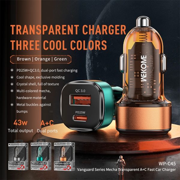 WK WP-C45 Vanguard Series Mecha transparante USB+Type-C snelle autolader, WP-C45 (Orange), WP-C45 (Green), WP-C45 (Grey)
