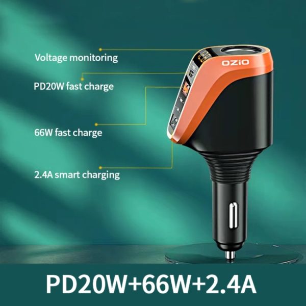 DY48TC 188W USB-C / Type-C + USB dubbele poort multifunctionele autolader met sigarettenaansteker