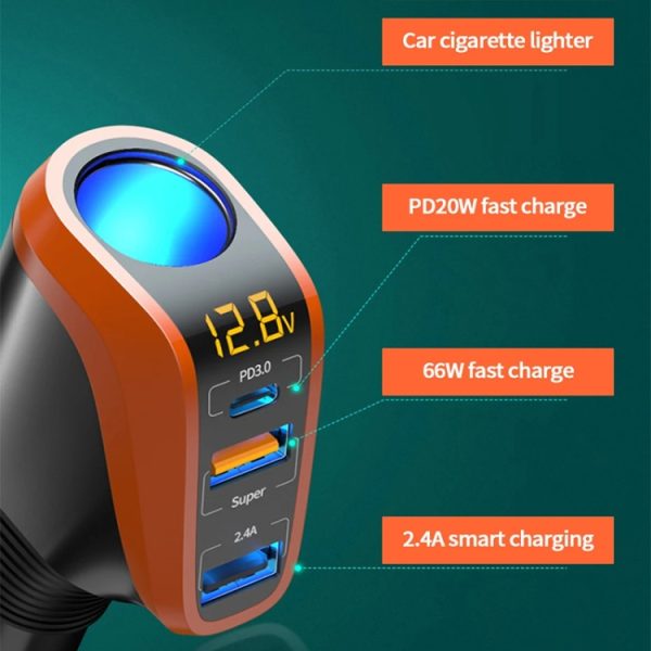 DY48TC 188W USB-C / Type-C + USB dubbele poort multifunctionele autolader met sigarettenaansteker