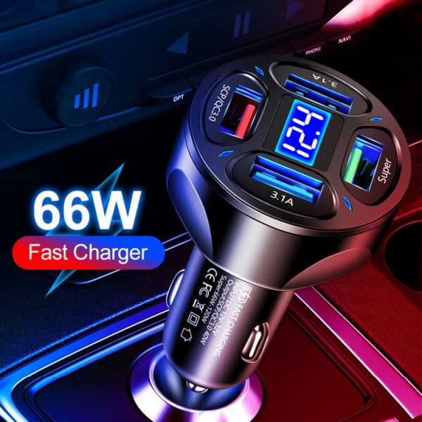 66W 4-in-1 digitaal display snelladende autolader met voltmeter, 66W