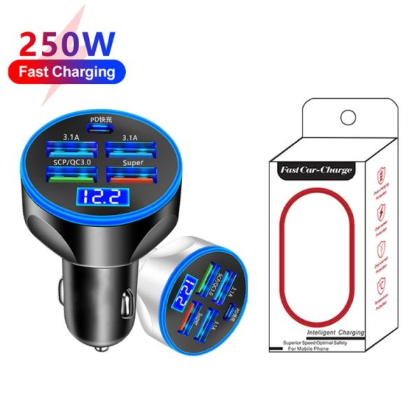 WGS-G37 5-in-1 digitaal display Supersnel opladende autolader met voltmeter, WGS-G37