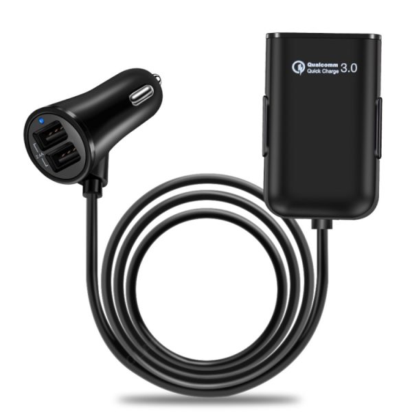 HMQ-C801 1.8m 8A Max 4 poorten USB autolader met uitschuifbare USB HUB voor opladen voor- en achterbank (zwart)