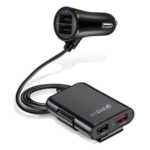 HMQ-C801 1.8m 8A Max 4 poorten USB autolader met uitschuifbare USB HUB voor opladen voor- en achterbank (zwart)
