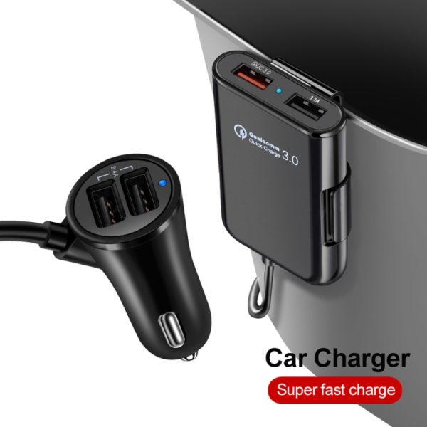 HMQ-C801 1.8m 8A Max 4 poorten USB autolader met uitschuifbare USB HUB voor opladen voor- en achterbank (zwart)