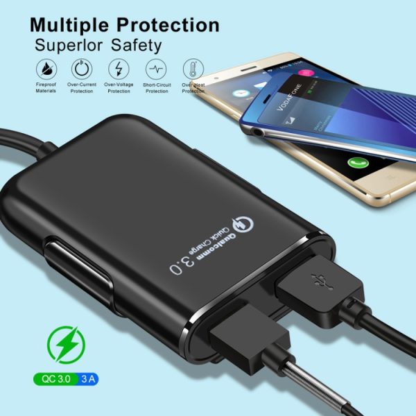 HMQ-C801 1.8m 8A Max 4 poorten USB autolader met uitschuifbare USB HUB voor opladen voor- en achterbank (zwart)