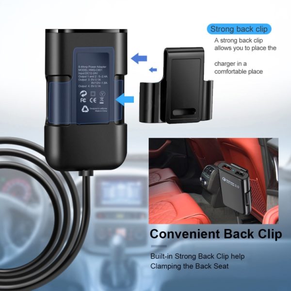 HMQ-C801 1.8m 8A Max 4 poorten USB autolader met uitschuifbare USB HUB voor opladen voor- en achterbank (zwart)