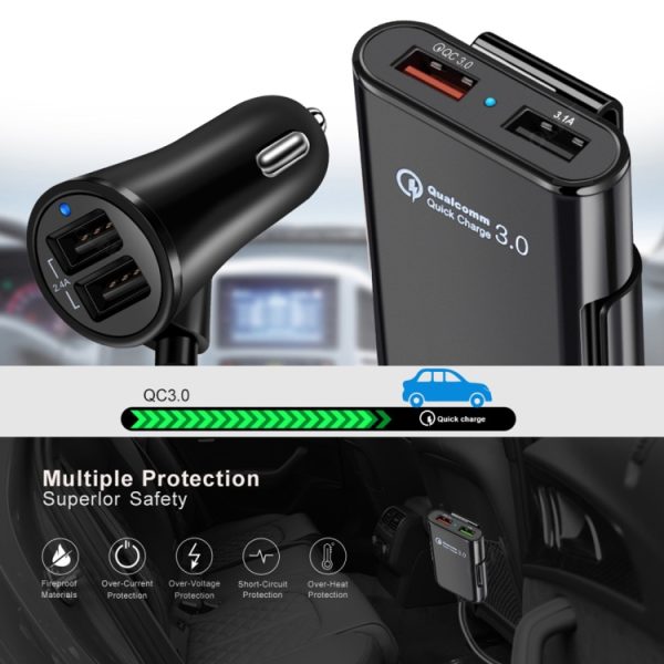 HMQ-C801 1.8m 8A Max 4 poorten USB autolader met uitschuifbare USB HUB voor opladen voor- en achterbank (zwart)