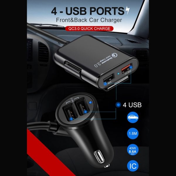 HMQ-C801 1.8m 8A Max 4 poorten USB autolader met uitschuifbare USB HUB voor opladen voor- en achterbank (zwart)