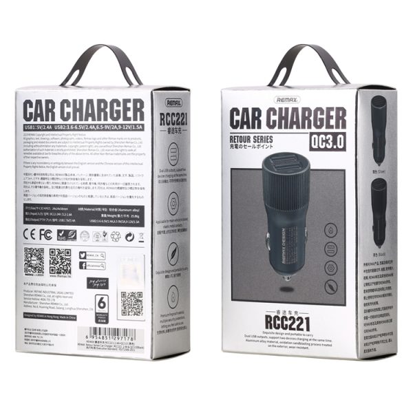 REMAX RCC221 Retour-serie QC3.0 dubbele USB-autolader
