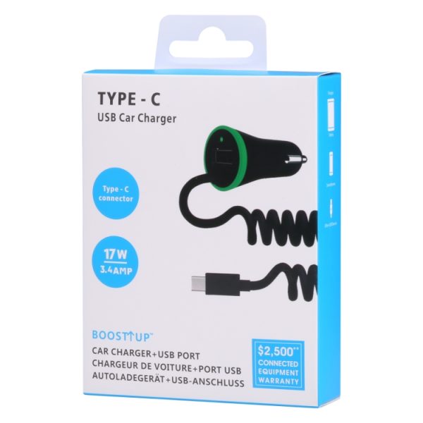 17W 3.4A Mini USB-autolader met USB-C / Type-C veerkabel