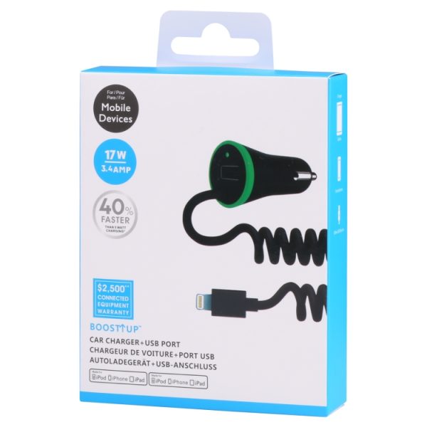 17W 3.4A Mini USB-autolader met 8-pins veerkabel