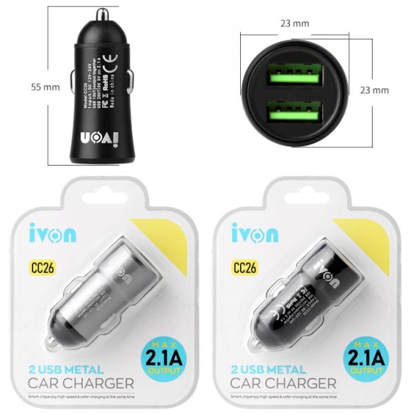 IVON CC26 5V 2.1A mini-autolader met dubbele USB-poort, CC26 Black, CC26 Grey