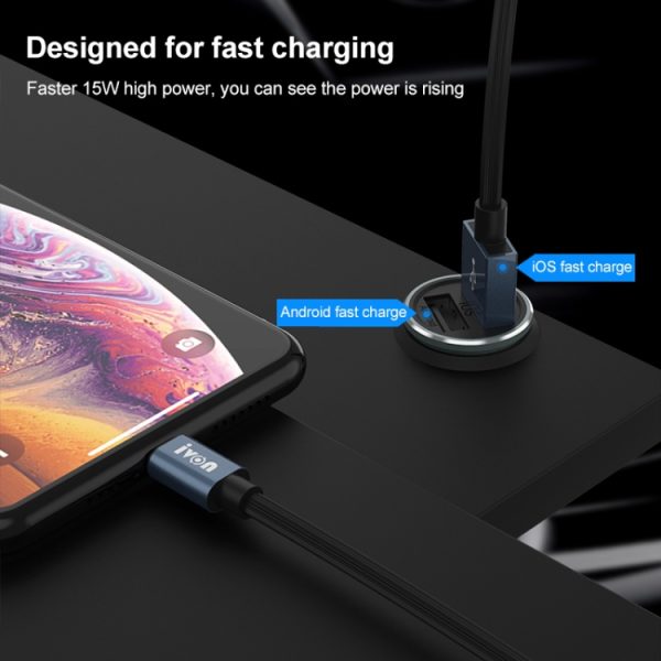 Ivon CC37 15W 3.1A Dual USB Mini Car Charger + 1m USB tot 8 PIN Snelle laadgegevens kabel set