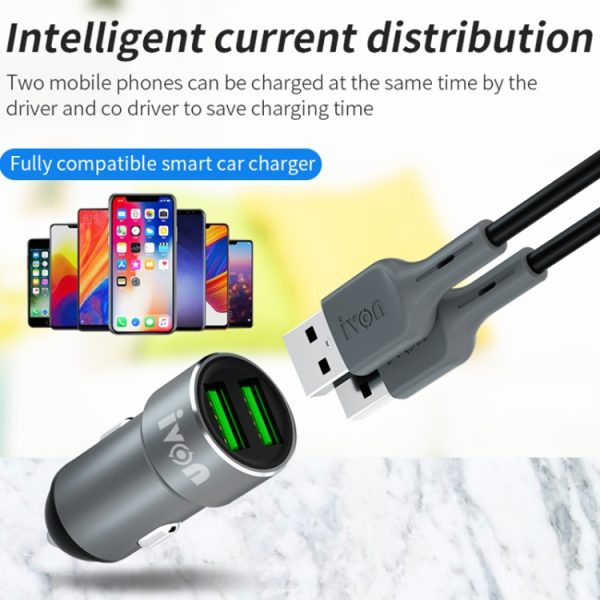 Ivon CC38 2.4A dubbele USB-autolader + 1m USB tot 8-pins Snelle laadgegevenskabel Set