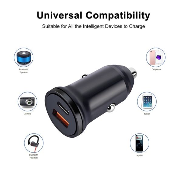 PD 20W USB-C / Type-C + QC 3.0 USB-interface snelladende autolader