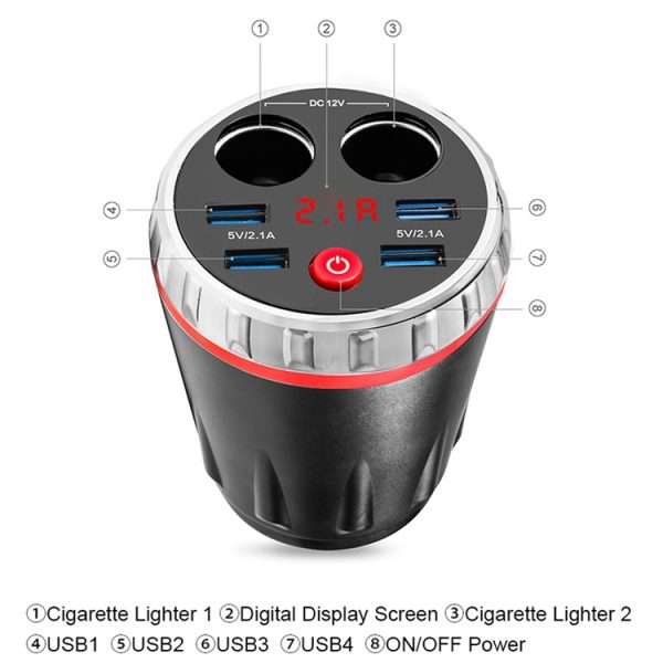 Bekerhouder Autolader Dubbele sigarettenaansteker 4USB-poorten Oplader Auto MP3-speler