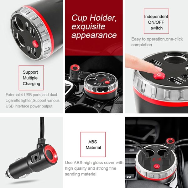 Bekerhouder Autolader Dubbele sigarettenaansteker 4USB-poorten Oplader Auto MP3-speler