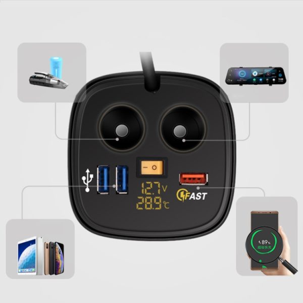 Universele auto QO3.0 driepoorts USB-oplader stopcontactadapter met LED digitale voltmeter en thermometer