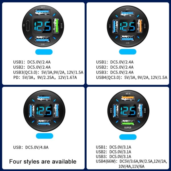2 stuks 4 in 1 USB 4.8A autolader met digitaal display