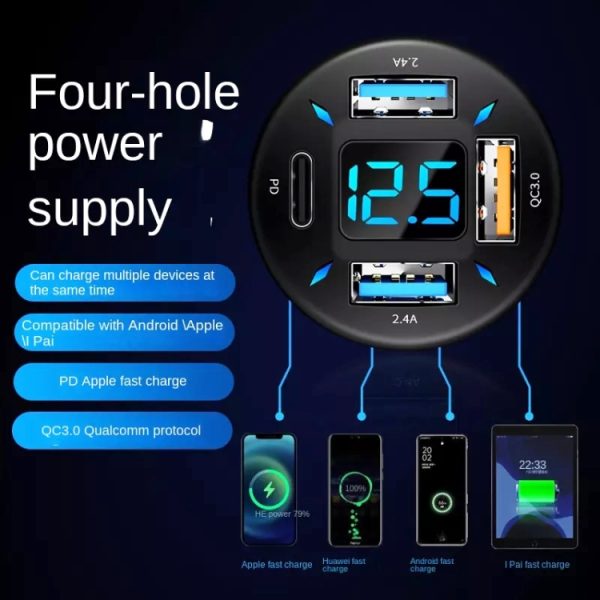 2 stuks 4 in 1 USB 4.8A autolader met digitaal display