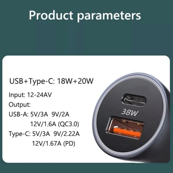 PD 20W aluminium autosnellader met dubbele interface