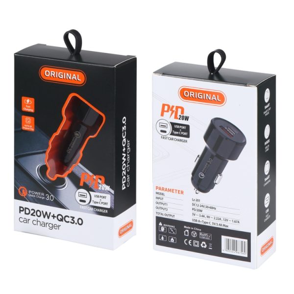 LZ-201 PD 20W USB-C / Type-C + QC 3.0 USB Mini snelle autolader