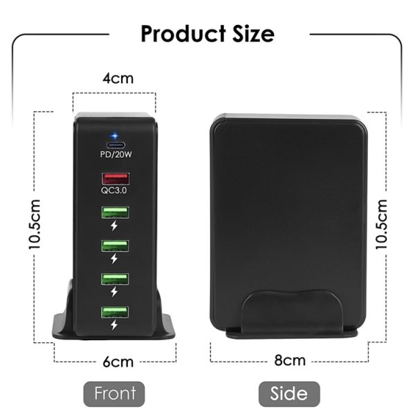 6 in 1 65W PD USB-C / Type-C + QC 3.0 USB + 4 USB Multi-port reislader,, US Plug, EU Plug, UK Plug, AU Plug