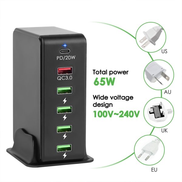 6 in 1 65W PD USB-C / Type-C + QC 3.0 USB + 4 USB Multi-port reislader,, US Plug, EU Plug, UK Plug, AU Plug