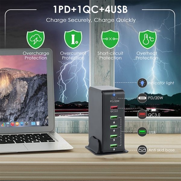 6 in 1 65W PD USB-C / Type-C + QC 3.0 USB + 4 USB Multi-port reislader,, US Plug, EU Plug, UK Plug, AU Plug