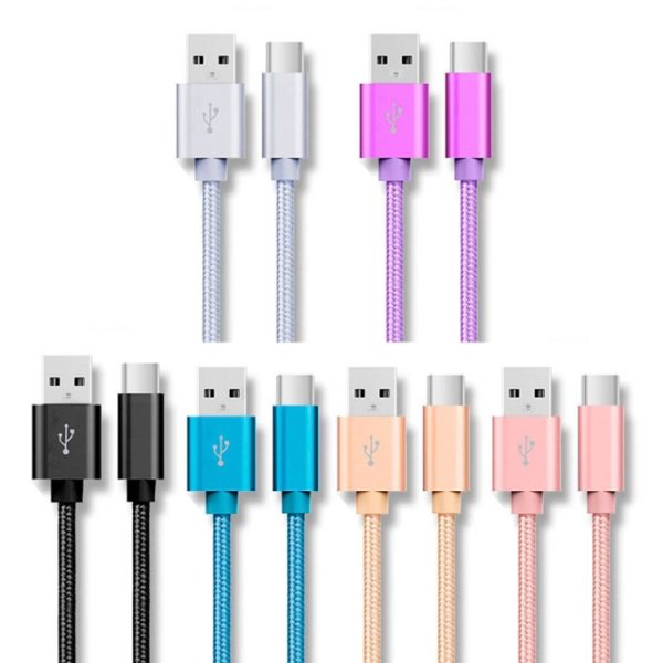5 stuks USB naar USB-C / Type-C nylon gevlochten datatransmissiekabel voor opladen, 1m, 2m, 3m