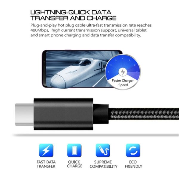 5 stuks USB naar USB-C / Type-C nylon gevlochten datatransmissiekabel voor opladen, 1m, 2m, 3m