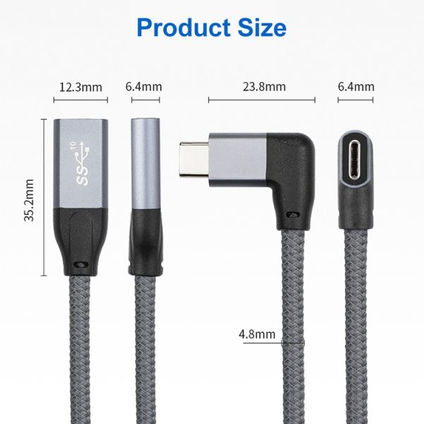 100 W USB-C / Type-C elleboog mannelijk naar USB-C / Type-C vrouwelijk Volledig functionele dataverlengkabel, 0.2m, 0.5m, 1m, 1.5m