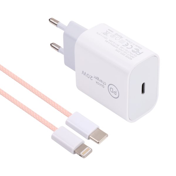 SDC-20W PD USB-C / Type-C reislader + 1m 20W USB-C / Type-C naar 8-pins datakabelset,, EU Plug, US Plug