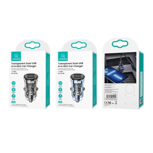 USAMS US-CC162 C31 5V3A Transparante dubbele USB-mini-autolader, C31