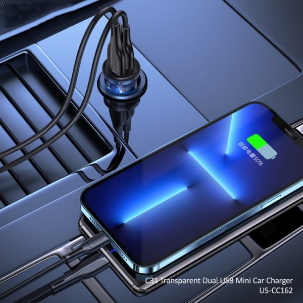 USAMS US-CC162 C31 5V3A Transparante dubbele USB-mini-autolader, C31