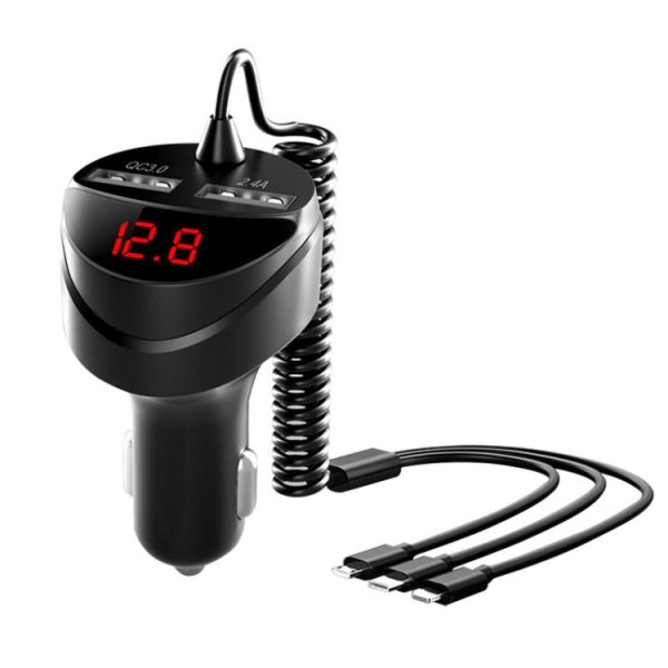C68 LED digitaal display QC3.0 snelle autolader 3 in 1 met veerkabel, C68 with Spring Cable, C68 (Silver)