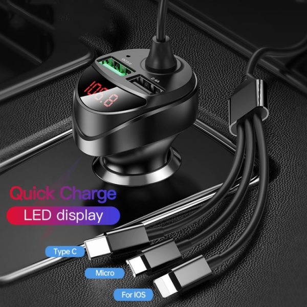 C68 LED digitaal display QC3.0 snelle autolader 3 in 1 met veerkabel, C68 with Spring Cable, C68 (Silver)