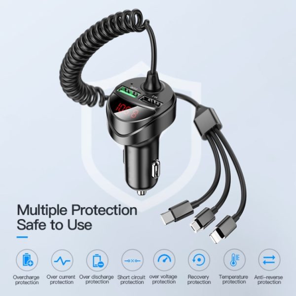 C68 LED digitaal display QC3.0 snelle autolader 3 in 1 met veerkabel, C68 with Spring Cable, C68 (Silver)