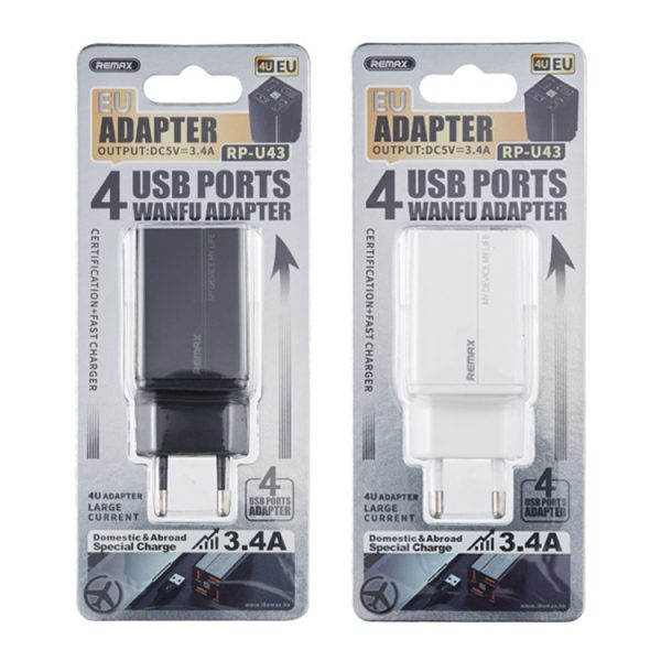 REMAX RP-U43 3.4A 4 USB-poort snellader, EU Plug, UK Plug