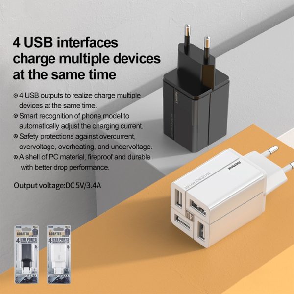 REMAX RP-U43 3.4A 4 USB-poort snellader, EU Plug, UK Plug