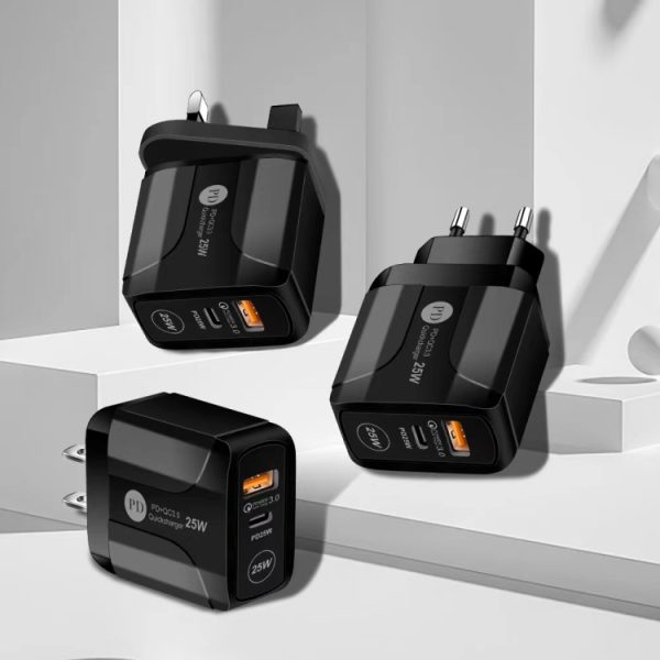 25 W PD Type-C + QC3.0 USB-poorten reisoplader, US Plug, EU Plug