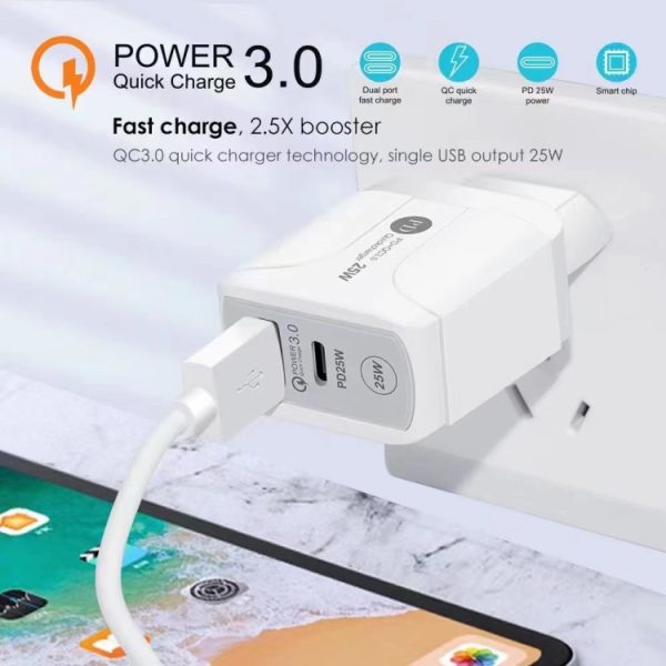 25 W PD Type-C + QC3.0 USB-poorten reisoplader, UK Plug