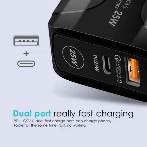 25 W PD Type-C + QC3.0 USB-poorten reisoplader, UK Plug