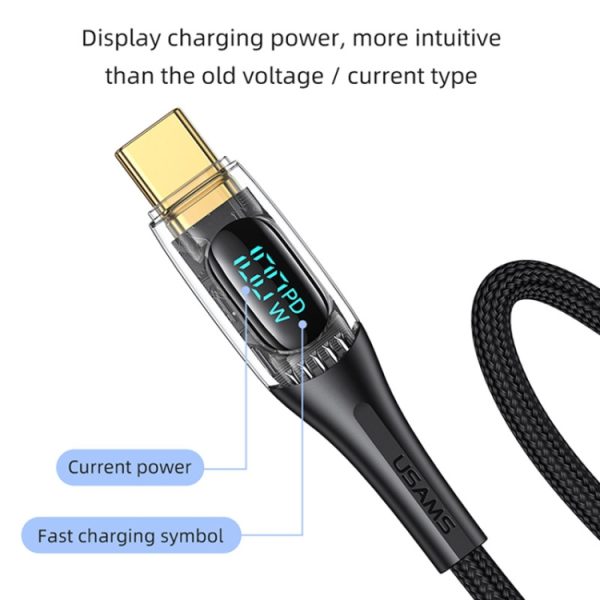 USAMS Type-C naar Type-C PD100W aluminiumlegering transparante digitale display snellaadgegevenskabel, 1.2m, Type-C to Type-C