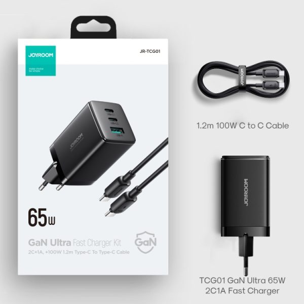 JOYROOM TCG01 GaN Ultra 65W 2 Type-C + 1 USB snellader met 1,2 m Type-C kabel, EU Plug, UK Plug