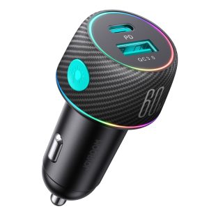 JOYROOM JR-CCN01 60W USB+USB-C / Type-C Meerkleurige autolader met lichtknop, JR-CCN01