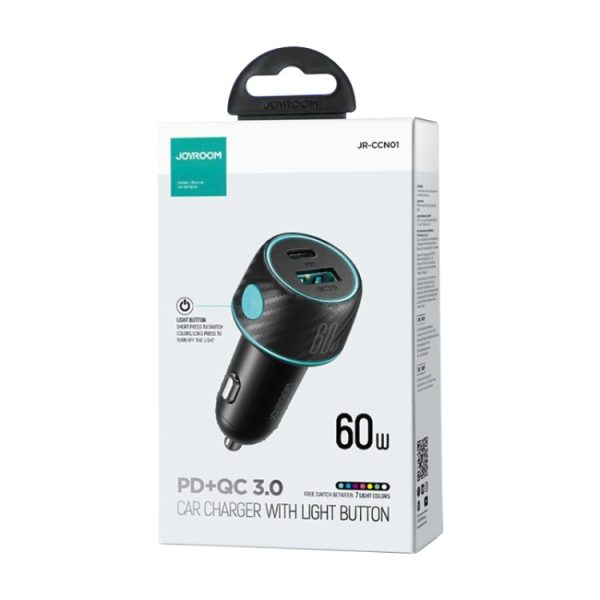JOYROOM JR-CCN01 60W USB+USB-C / Type-C Meerkleurige autolader met lichtknop, JR-CCN01