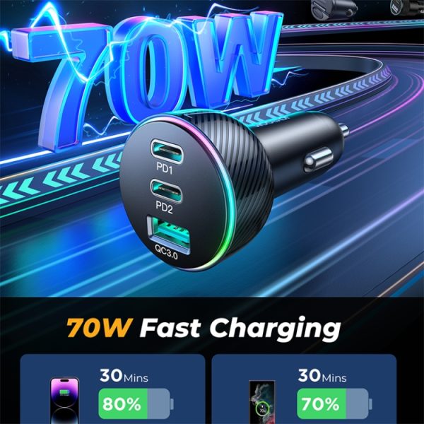 JOYROOM JR-CL26 70W 3-poorts USB+USB-C / Type-C autolader, JR-CL26