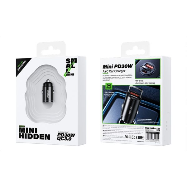 WK WP-C48 Mini onzichtbare trekring 30W USB + USB-C / Type-C autolader, WP-C48