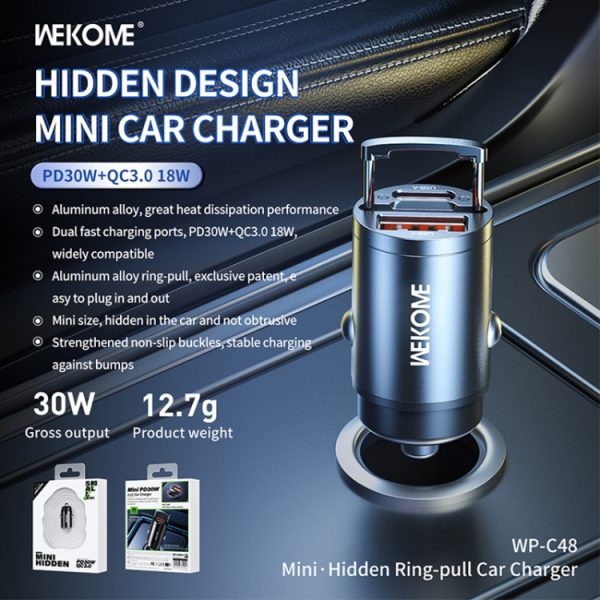 WK WP-C48 Mini onzichtbare trekring 30W USB + USB-C / Type-C autolader, WP-C48